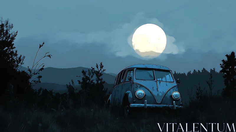 Moonlit vintage van rendered in atmospheric digital painting