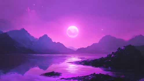 Purple moon dominates stylized mountain lake horizon scene