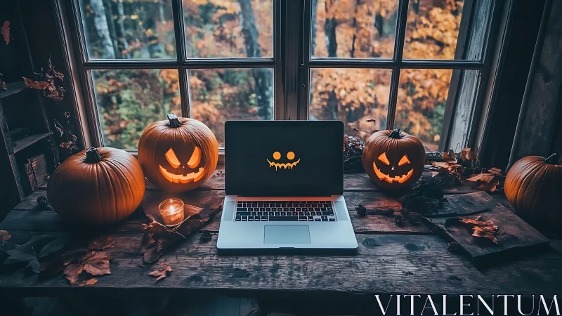 Haunted laptop council glows among mischief-loving pumpkins.
