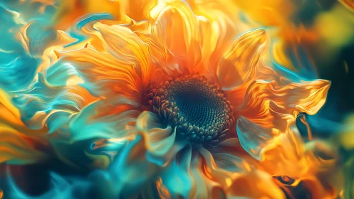 Vibrant digital sunflower with swirling teal and gold petals.