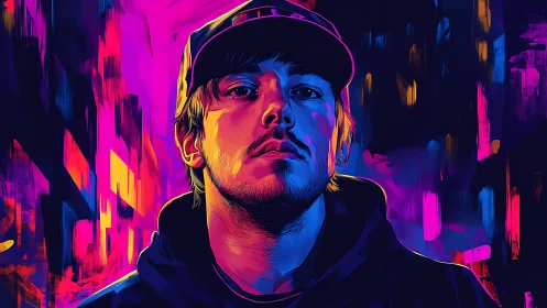 Digital portrait shows hooded figure in neon urban setting