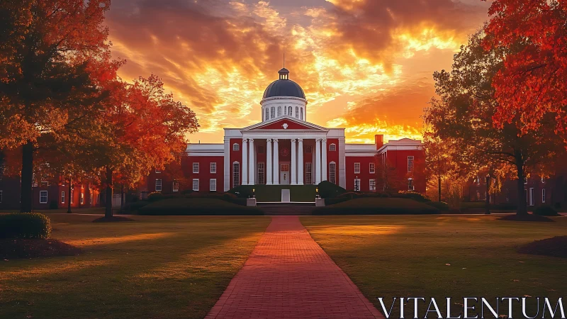 Golden sunset warms a grand red brick campus building