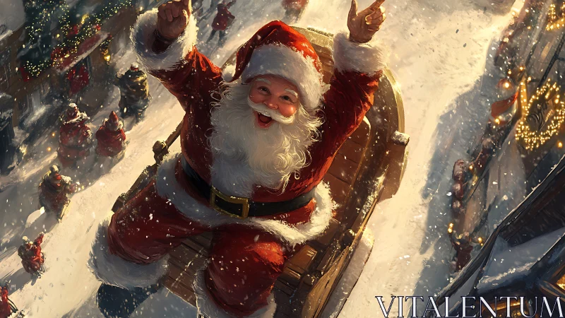 Santa rides wooden sled through bright snowy village street.