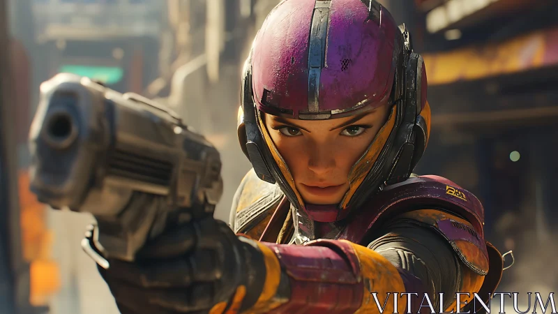 Photorealistic cyberpunk sharpshooter in urban close-up framing.