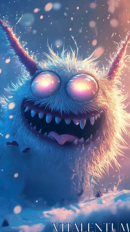 Fluffy alien snow monster grins beneath drifting sparks.
