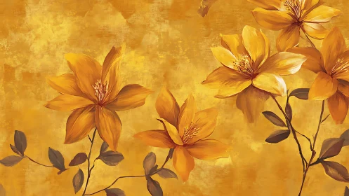 Golden floral illustration with large abstract blossoms.