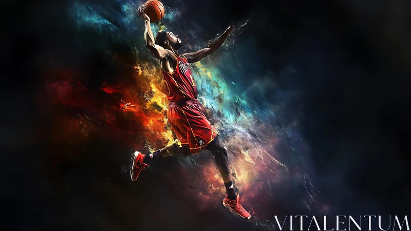 Dynamic basketball dunk amid explosive nebula light trails