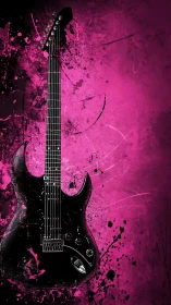 Electric guitar stands against textured pink splatter background