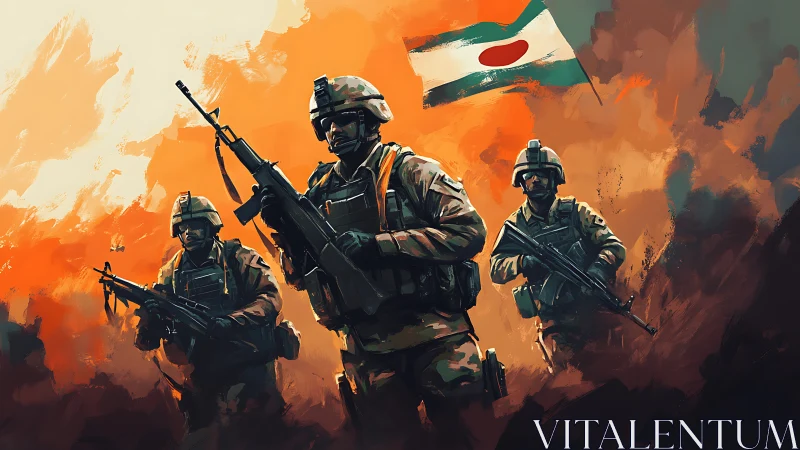 Storm-lit soldiers march beneath a proud rising sun flag.