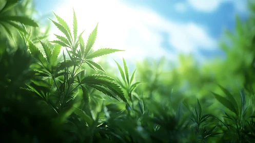 Sunlit cannabis plants grow in lush green outdoor field