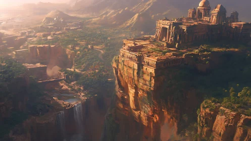 Epic cliffside citadel in panoramic fantasy environment design.