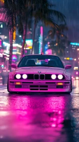 Neon pink street racer hums through midnight tropical rain