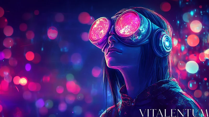 Neon dream diver gazes through galactic cyberpunk goggles