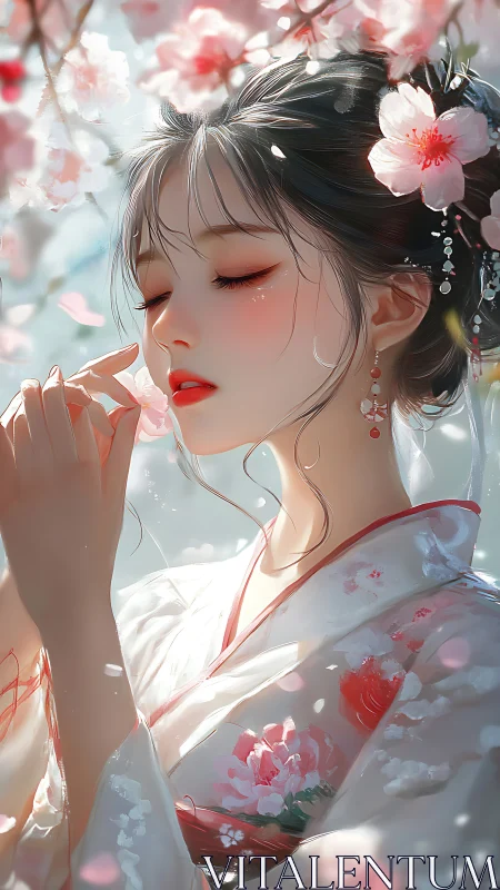 Serene kimono maiden amid luminous cherry blossoms.