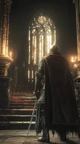 Lone armored knight beneath glowing cathedral window.
