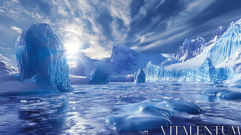 Sunlit polar icebergs glow over a frozen blue seascape.