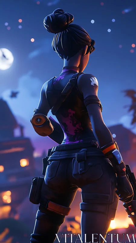 Fortnite style female fighter stands over burning village.