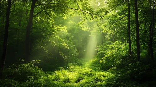 Sunlit forest path illuminated by golden light through dense green canopy.