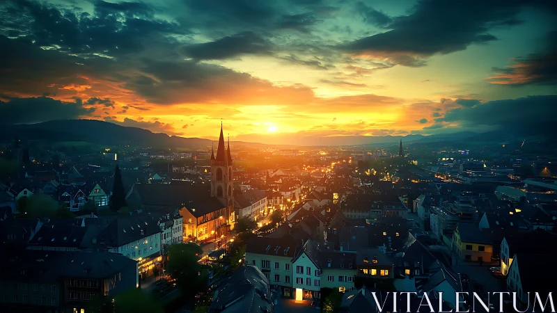 Golden evening glow over a storybook European town.