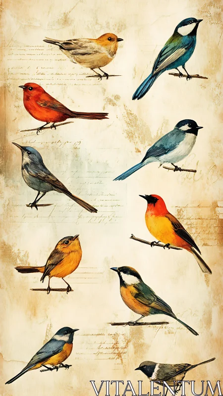 Illustrated songbirds on parchment with vintage notation.