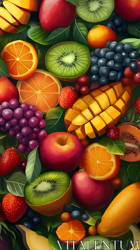 Digital illustration depicts assorted sliced and whole fruits