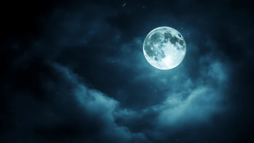 Luminous full moon glows above deep blue night clouds.