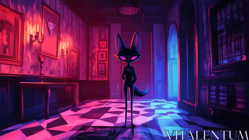 Shadow fox silhouette stalks neon-lit haunted hallway.