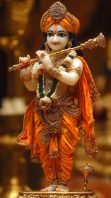Ornate Krishna statue in orange garments with flute.
