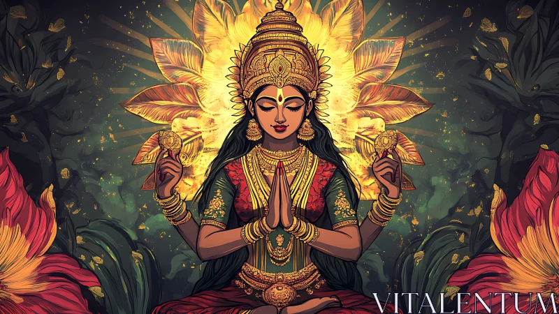 Central seated deity figure is framed by radiant floral forms