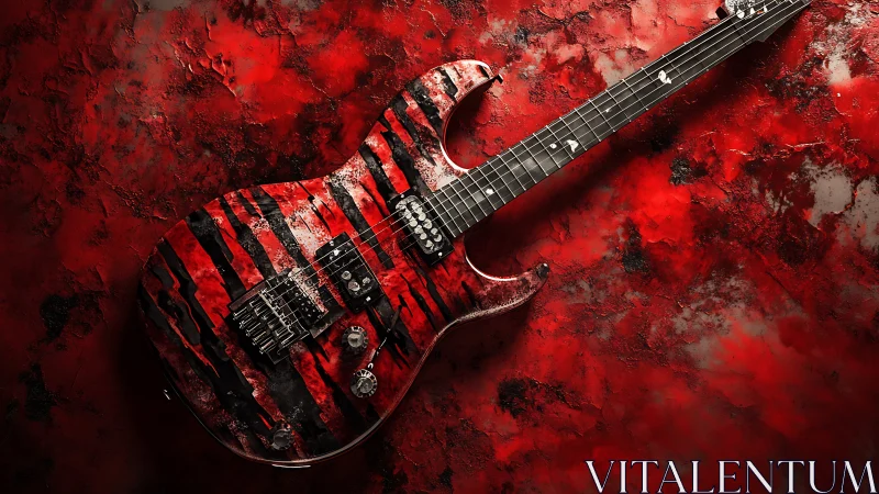 Electric guitar with distressed red tiger finish on textured wall
