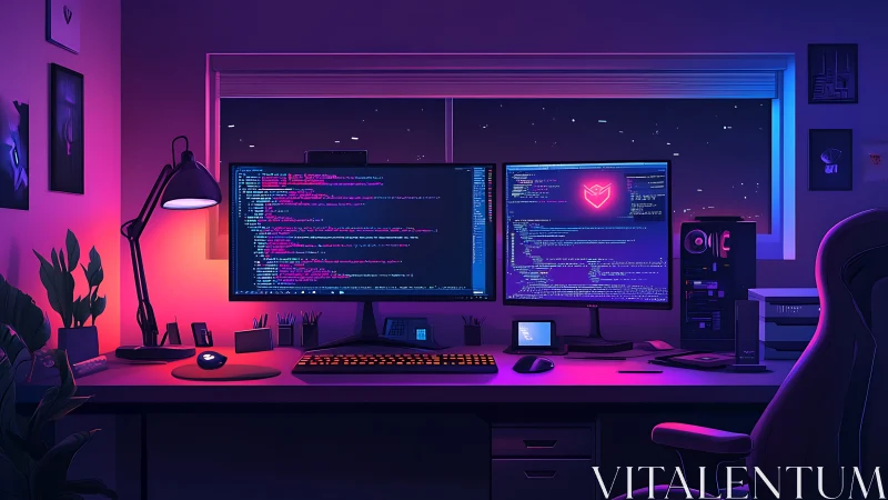 Dual-monitor neon coding battlestation with nocturnal skyline.