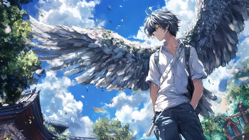 Winged youth stands beneath dynamic sky in luminous anime tableau