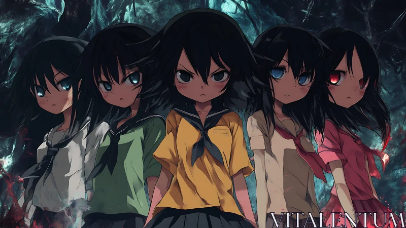 Multicolored-uniform schoolgirls in ominous dark anime tableau.