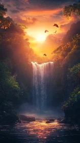 Sunlit waterfall within dense forested river canyon at dusk.