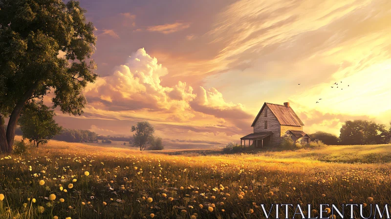 Sunlit country farmhouse resting in a golden wildflower field.