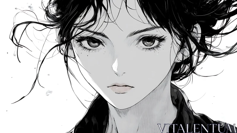 Intense monochrome anime portrait captures fierce resolve.