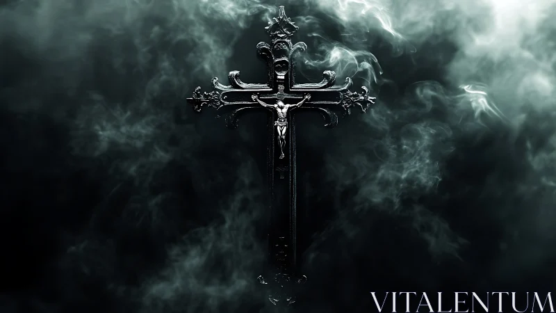 Metal crucifix suspended in dark smoke filled environment.