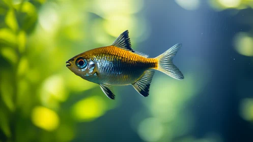 Golden tetra glides through softly lit planted aquarium