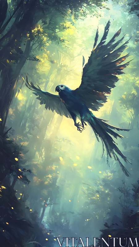 Macaw flies through misty forest with backlit foliage