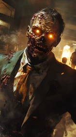 Burned suited zombie advances with glowing molten eyes