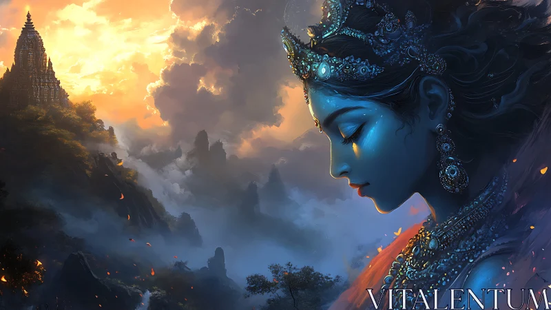 Divine blue goddess profile overlooks misty mountain temple