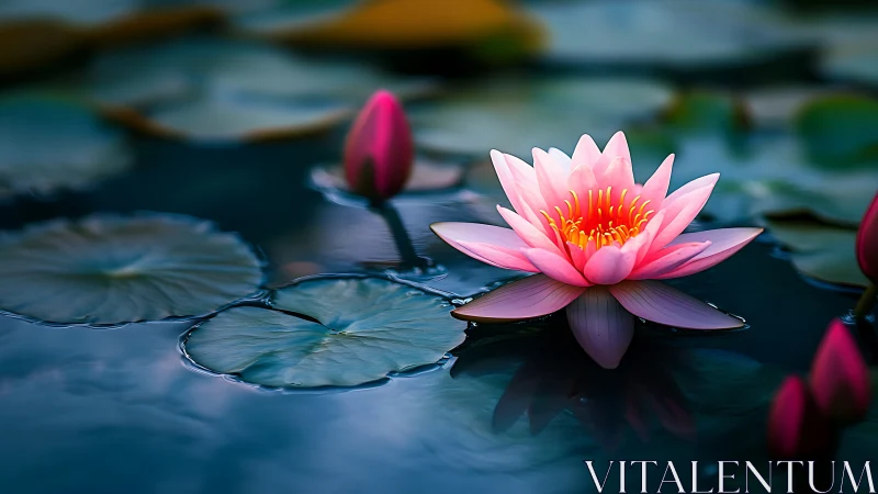 Photorealistic pink water lily on reflective pond surface.