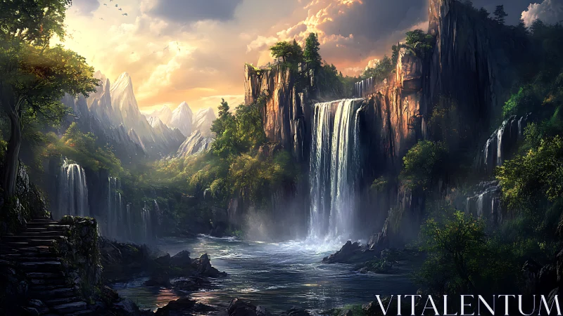 Majestic fantasy waterfall valley glows in warm sunset light.