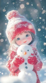 Snowy child in red coat hugging a tiny smiling snowman.