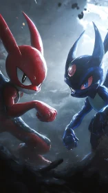 Dual-color chibi fighters in misty arena, cinematic lighting