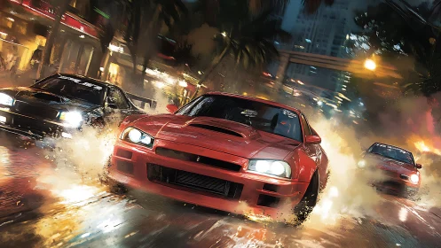 High-speed tuner cars drift through wet neon-lit city streets
