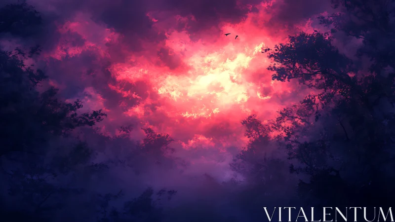 Crimson stormlight burns through a dark, dreamlike forest sky