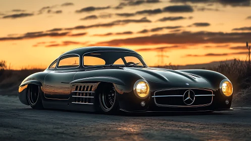 Low-slung classic Mercedes coupe under cinematic sunset glow.