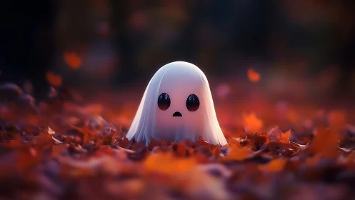Cute stylized ghost in soft-focus autumn leaf environment.