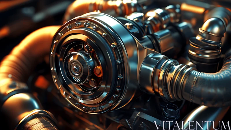 Highly detailed metallic turbocharger and engine assembly.